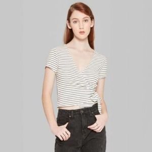 Wild Fable Top Womens Medium White Black Stripe Wrap Short Sleeve Casual